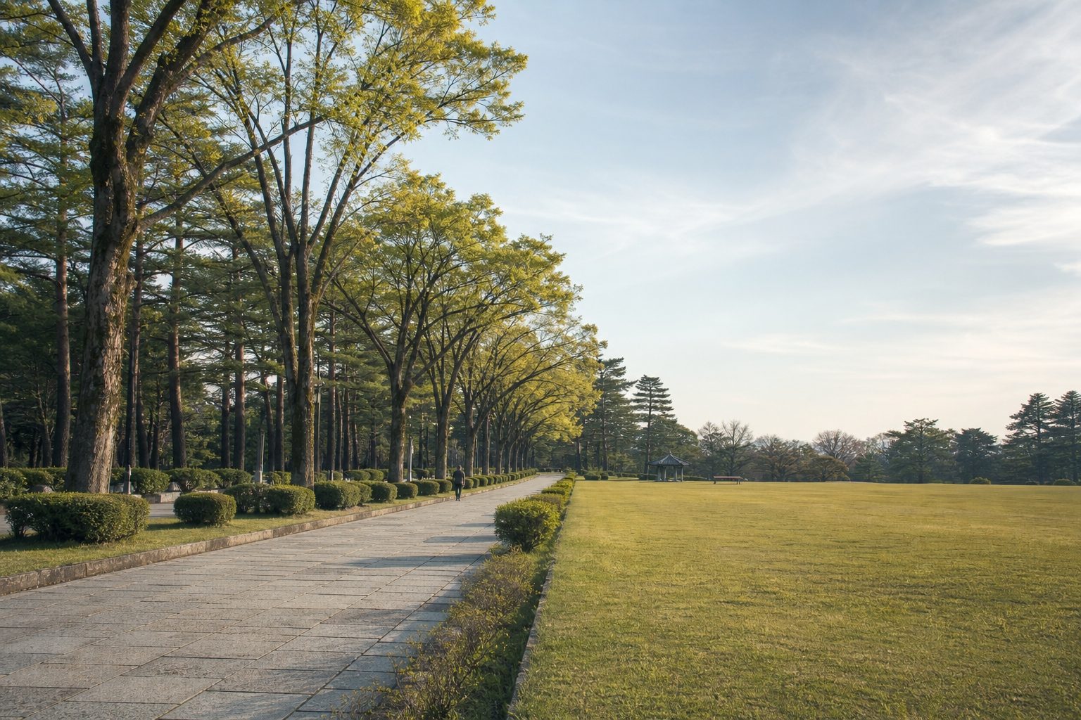 朝の光が差す公園の並木と、刈り込みの整った芝生の遊歩道
