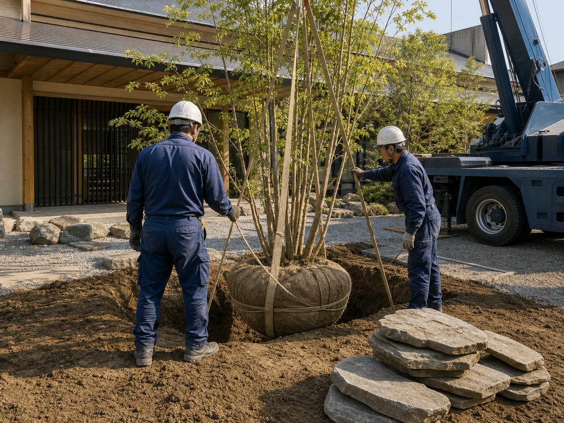 公共施設の前庭で株立ちの落葉樹を植え付けている造園工事の現場