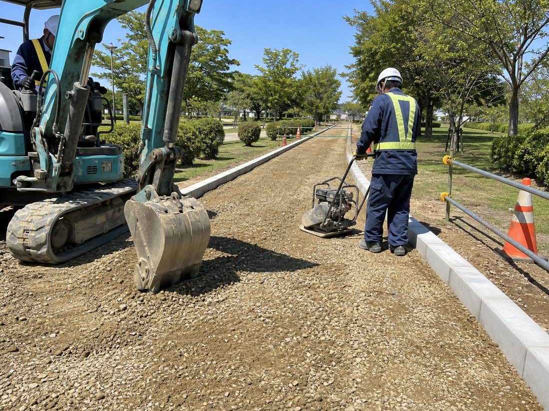公園内の遊歩道整備で路盤を敷き均している土木工事の現場
