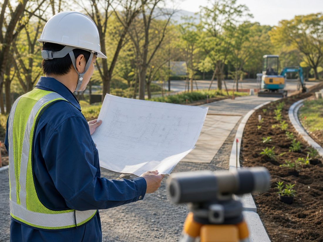 ヘルメットと安全ベストを着けた担当者が図面を手に公園整備の現場を確認している様子