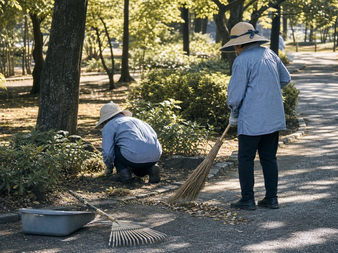 帽子と長袖の作業着を着けた2名が公園の植栽帯で除草と落ち葉の掃き寄せをしている様子